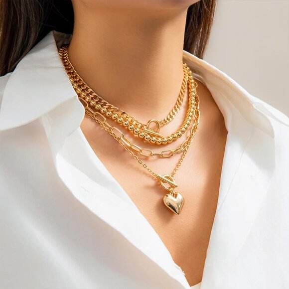 Gold-Plated Layered Heart Choker Necklace with Puffy Pendant - 35cm to 45cm - Picture 2 of 9